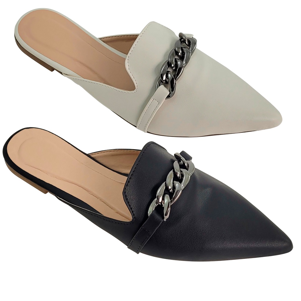 Kit Com 2 Pares Mule Feminina Rasteirinha Correntinha Casual Confortável Bico Fino Sapatilha Muller Feminino