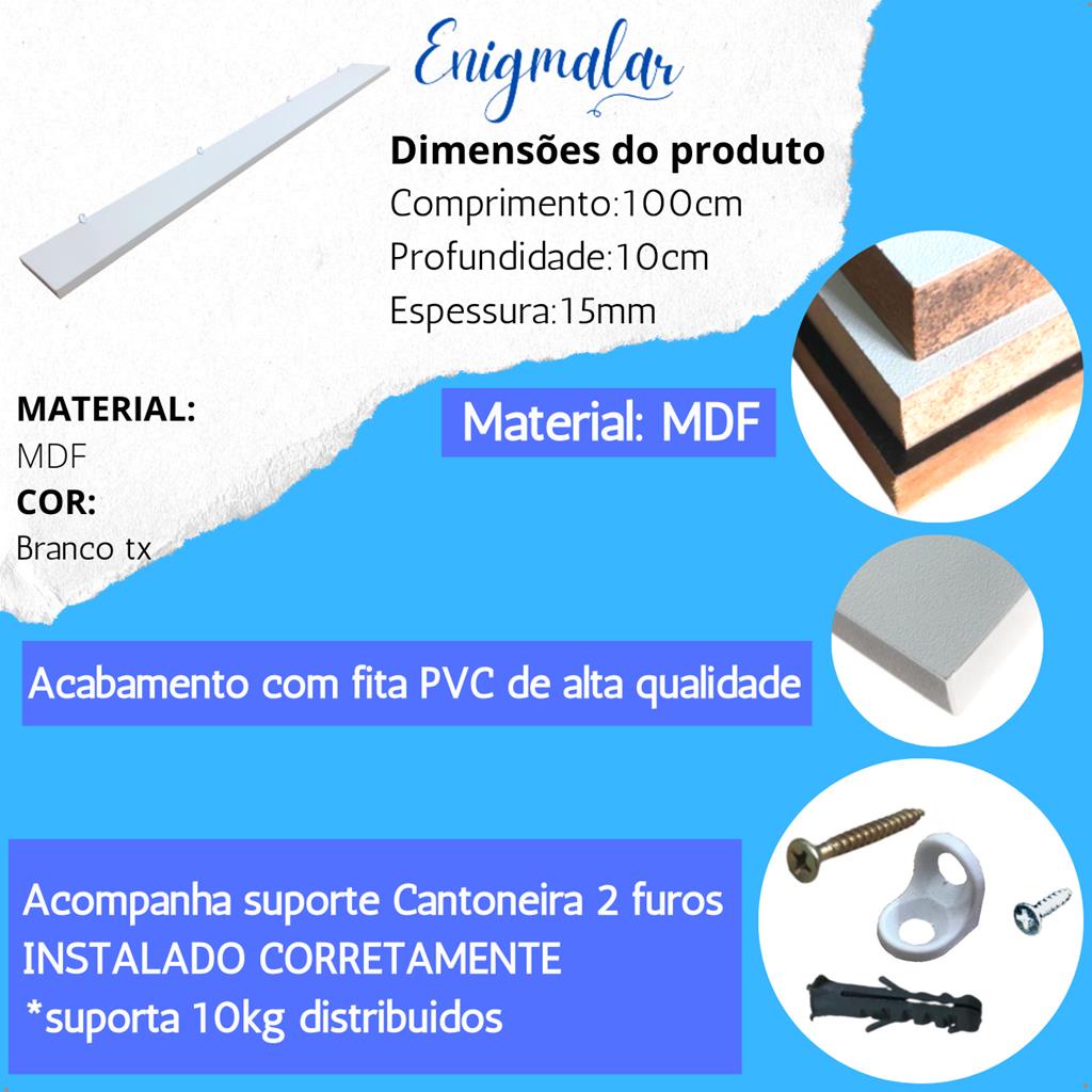 1 Prateleira Branca 100X10 Com Suporte Flutuante Mdf Organizadora Decoração Cozinha Quarto Banheiro — imagem 2 de 2