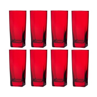 8 Copos Texas Quadrado Vidro Vermelho Mesa Posta 320ml