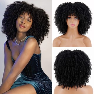 45cm Perucas Pretas kinky Curly Wigs for Black Women , Curtas Afro Com Bangs Sintéticas Resistentes Ao Calor Full Para Festa Diária (Preto Natural) em Oferta na Shopee