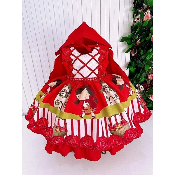 Vestido Chapeuzinho Vermelho Com Capuz Temático Infantil Fantasia Festa