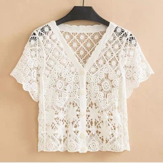 2023 novo verão oco malhas feminino versão coreana com decote em V Cardigan renda All-Match protetor solar legal xale to em Oferta na Shopee