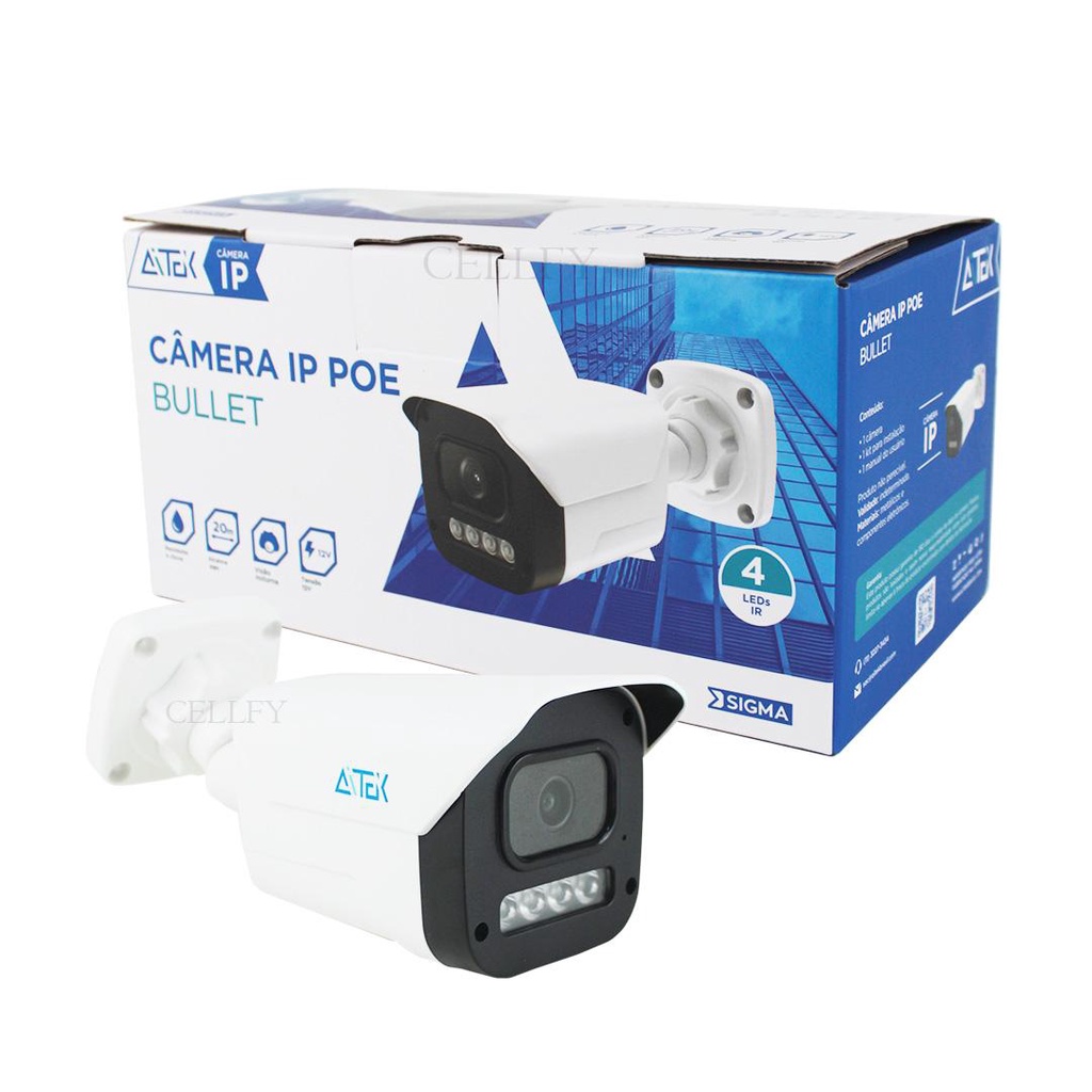 Câmera POE de Monitoramento Segurança IP Bullet Full HD 1080P 12V 4MP em Oferta na Shopee