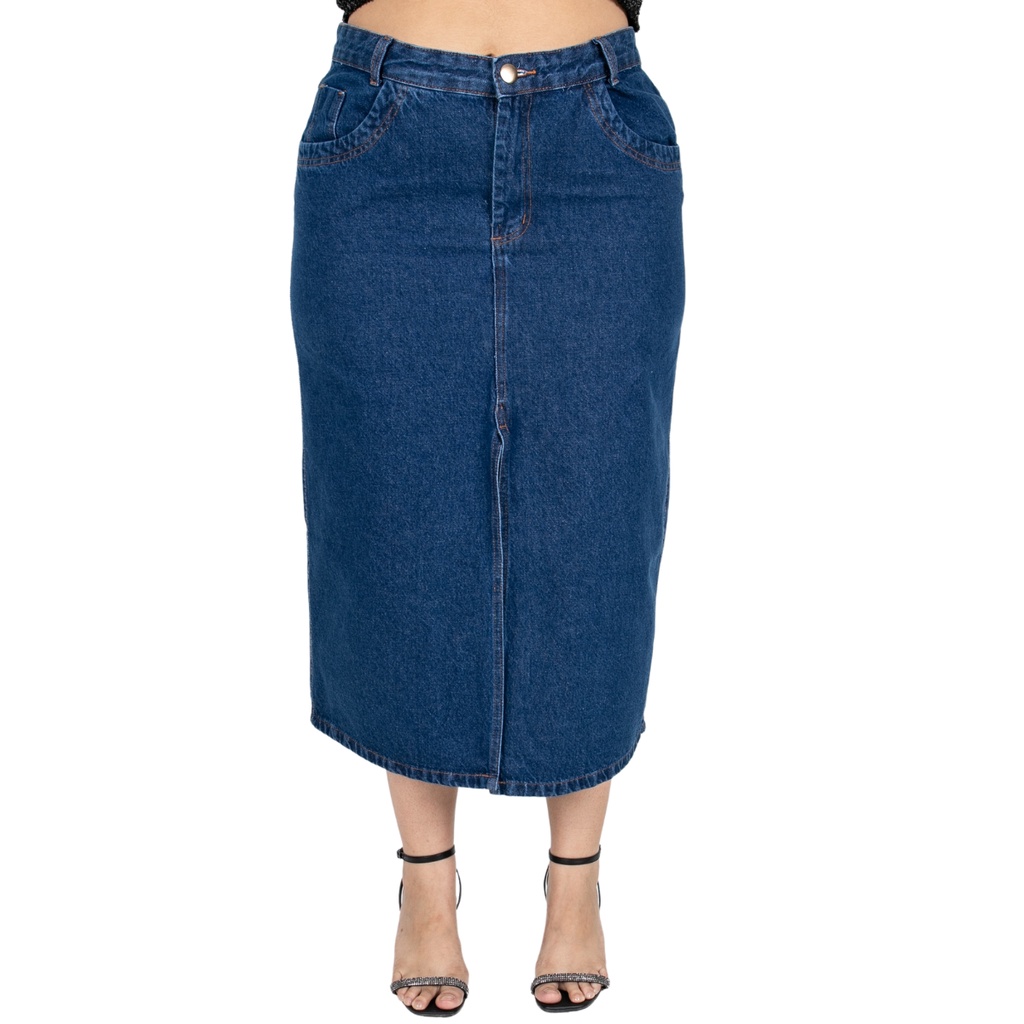 Saia Jeans Feminina Midi Abertura Plus Size Tendência