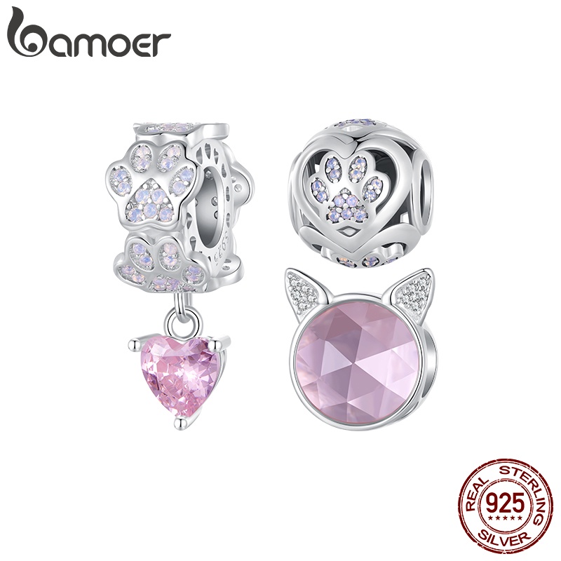 Bamoer 925 Silver Sterling Pink Paw Print Pendant E Beads DIY Fashion Jewellery Para Presentes De Aniversário Feminino em Oferta na Shopee