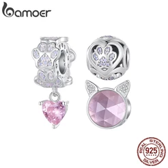 Bamoer 925 Silver Sterling Pink Paw Print Pendant E Beads DIY Fashion Jewellery Para Presentes De Aniversário Feminino