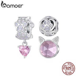 Bamoer 925 Silver Sterling Pink Paw Print Pendant E Beads DIY Fashion Jewellery Para Presentes De Aniversário Feminino