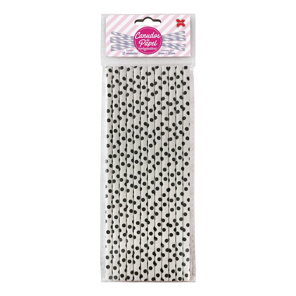 Canudo de Papel Branco com Poá Preto 6mmx200mm - 4348 - 12 unidades