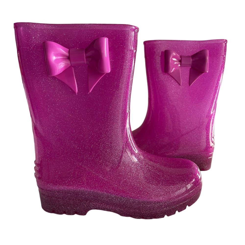 Bota Galocha Cano Médio Infantil Pink/Rosa com Glitter e Laço menina