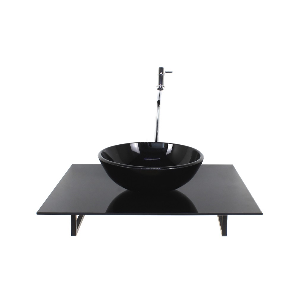 KIT CUBA DE VIDRO REDONDA COM TAMPO 60CM PRETO FULL E SUPORTE PRETO