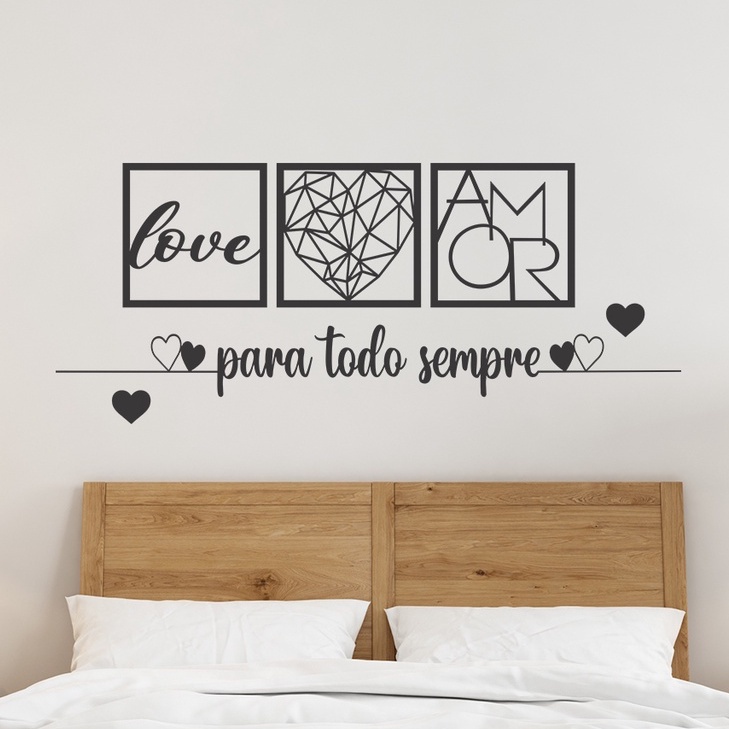 KIT 3 Quadros Para todo Sempre, Love e Coração Geométrico Amor + 2 Mini Apliques de Coração Frase de Parede Religioso MDF Preto C/Dupla Face 1 MDF