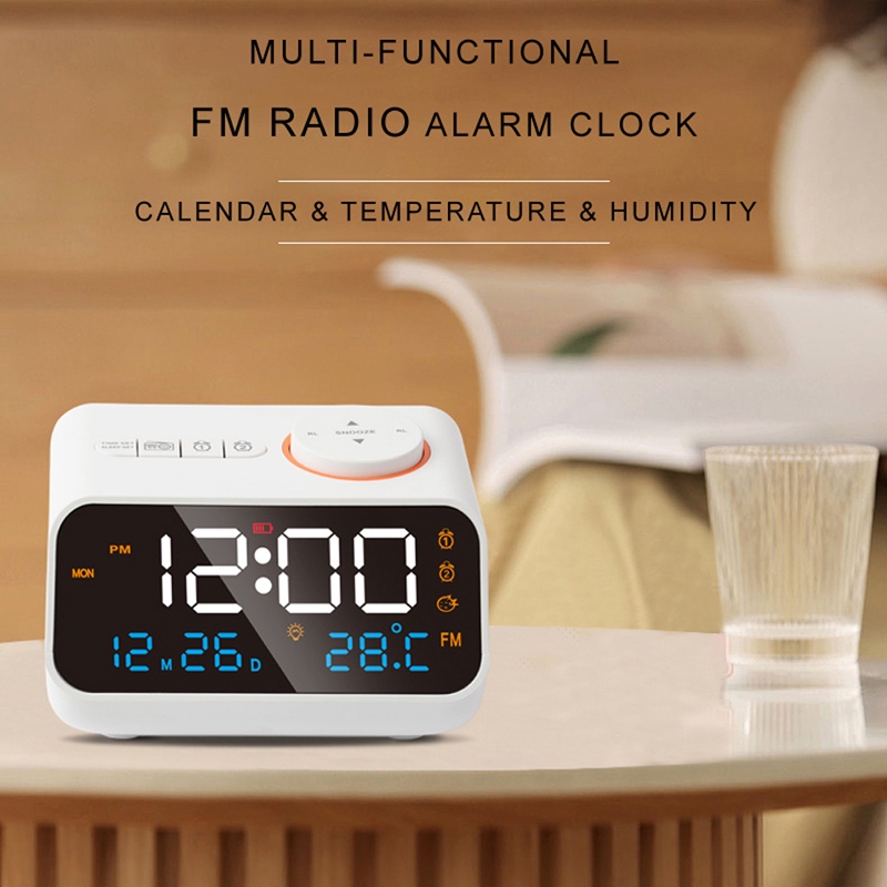 Rádio FM Mordern Relógio Despertador LED Para Despertar De Cabeceira . Calendário Digital De Mesa Com Termômetro De Temperatura Higrômetro De Umidade