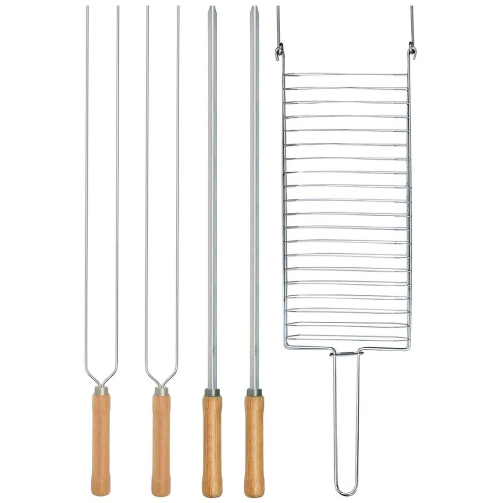 Kit Preparo Churrasco 5pcs Churrasqueira Grelha e Espetos 65cm Simples e Duplo Cabo Madeira Mor em Oferta na Shopee