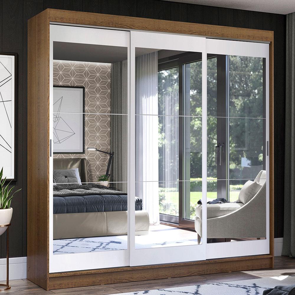 Guarda-Roupa Casal Madesa Istambul 3 Portas de Correr de Espelho 3 Gavetas - Rustic/Branco