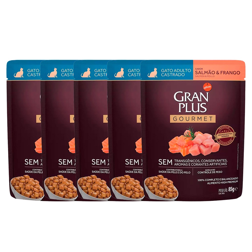 Kit 5 Rações Úmidas Gran Plus Sachê Gatos Gourmet Castrados Salmão e Frango em Oferta na Shopee