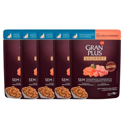 Kit 5 Rações Úmidas Gran Plus Sachê Gatos Gourmet Castrados Salmão e Frango