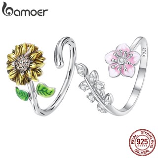 Bamoer925 Sterling Silver Sunflower E Cherry Blossom Anel Aberto Jóias De Moda Para Mulheres