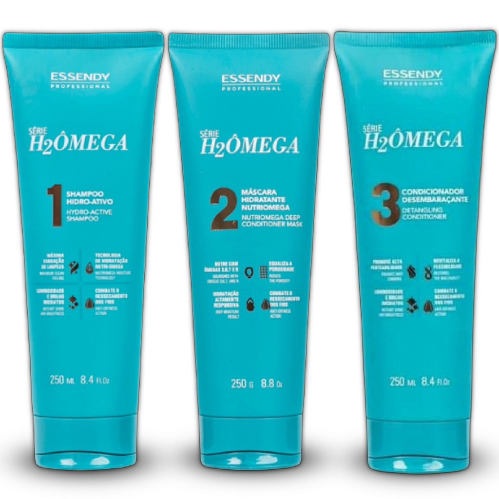 Kit Home Care Série H2Ômega 250ml Essendy Profissional - Shampoo Hidratação, Máscara Capilar Condicionante e Condicionador