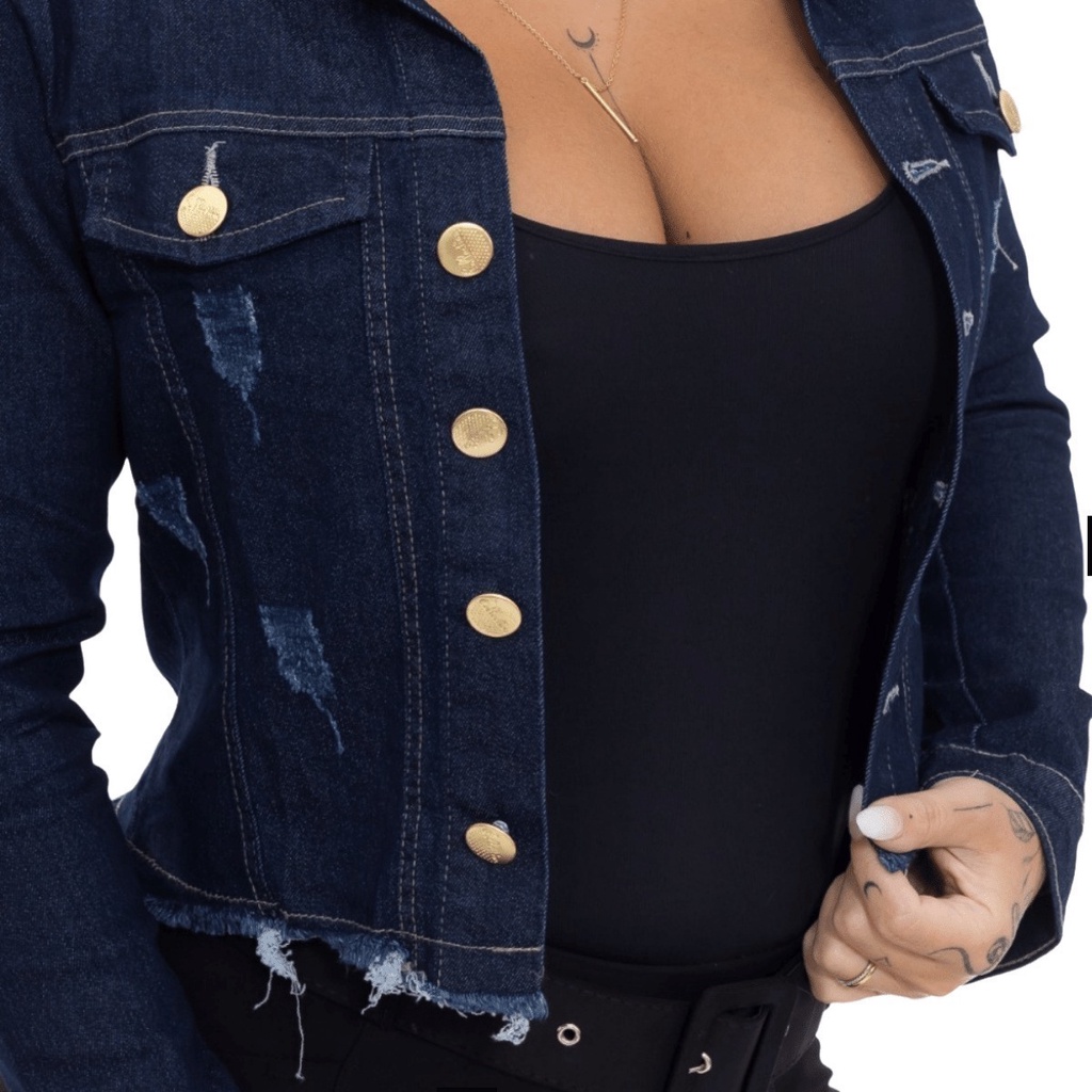 Jaqueta Jeans Feminina Barra Desfiada Com Elastano Moda