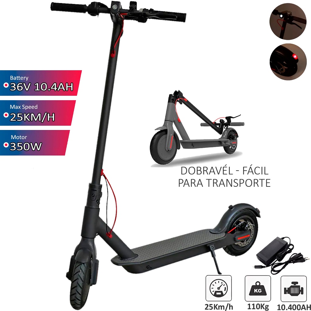 Patinete Elétrico Adulto Scooter 350W Bivolt Suporte Até 110Kg + Carregador Universal