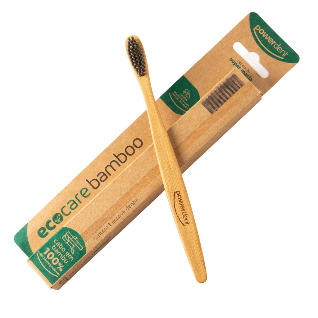 Escova de dente Bambu Macia carvão ativado nas cerdas Biodegradável Ecológica Sustentável Powerdent