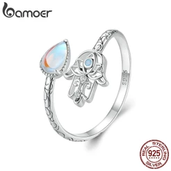 BAMOER 925 Sterling Silver Lucky Hand Open Ring Tamanho Ajustável Jóias De Moda Presentes Para Mulheres