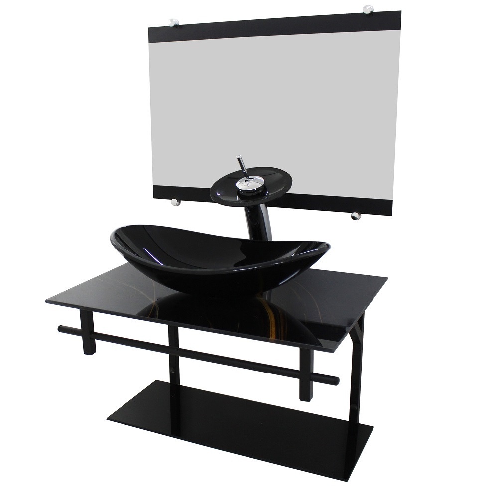 GABINETE DE VIDRO 60CM AP COM CUBA OVAL MÁRMORE PRETO DOURADO