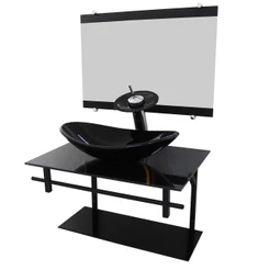 GABINETE DE VIDRO 60CM AP COM CUBA OVAL MÁRMORE PRETO DOURADO