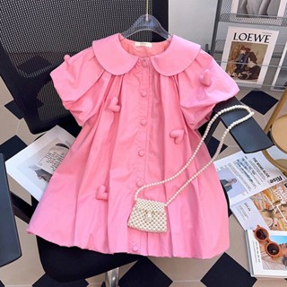 Vestido de camisa para meninas, verão, ar estrangeiro 2023, nova gola de boneca Mori, vestido de manga curta de manga bolha de amor