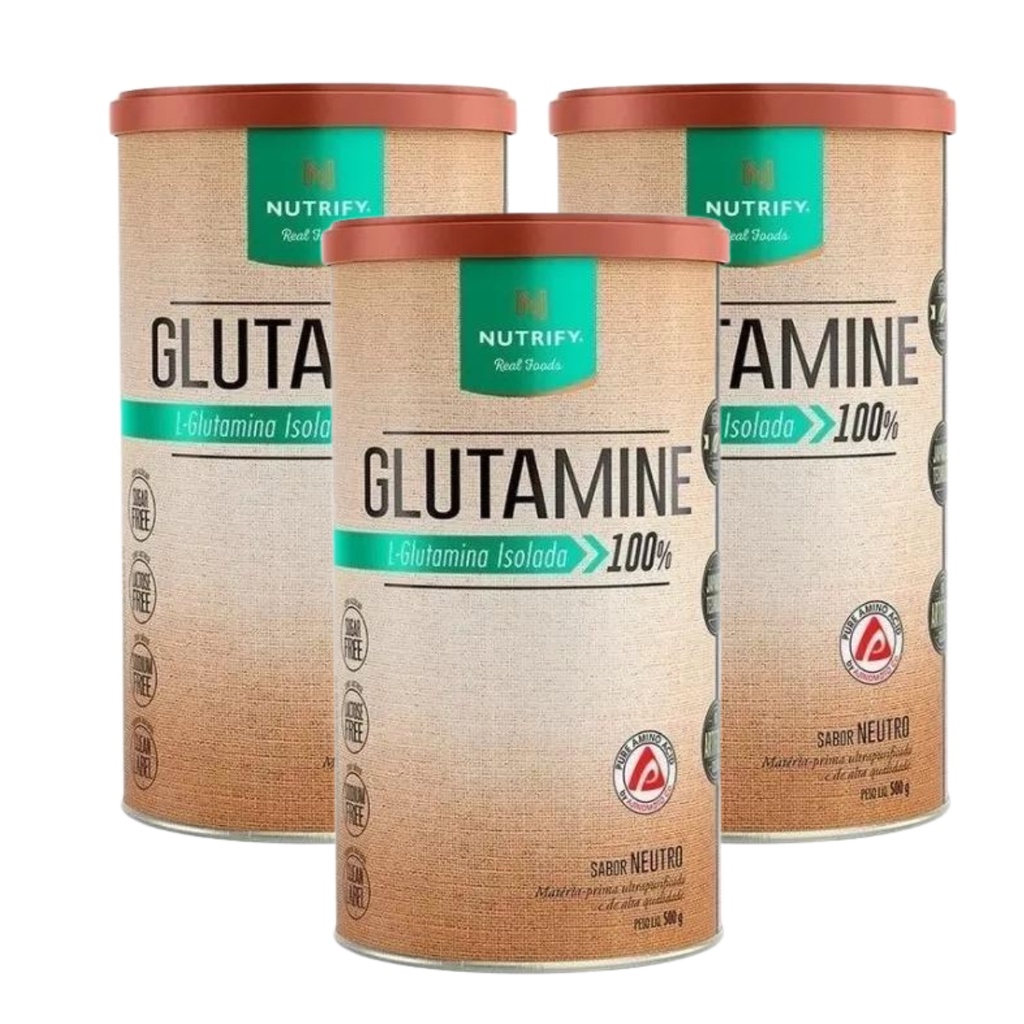 3 Glutamine 500g L-glutamina Pura Isoada Vegana - Nutrify