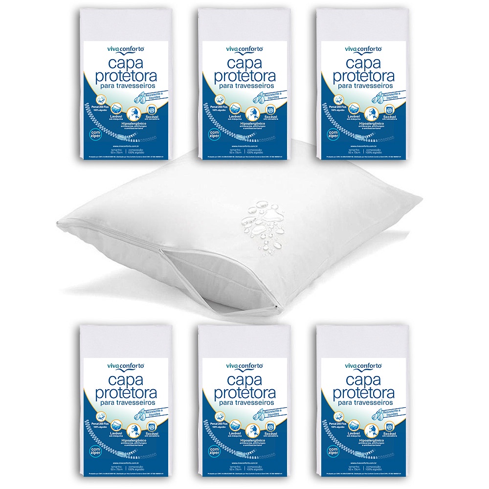 Kit 6 Capas Protetoras de Travesseiros Impermeável Percal 200 fios 100% algodão Viva Conforto