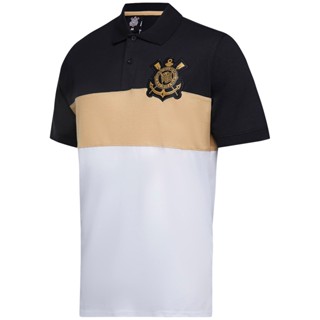 Camisa Polo Corinthians Fases Branca Preta e Dourada Masculina