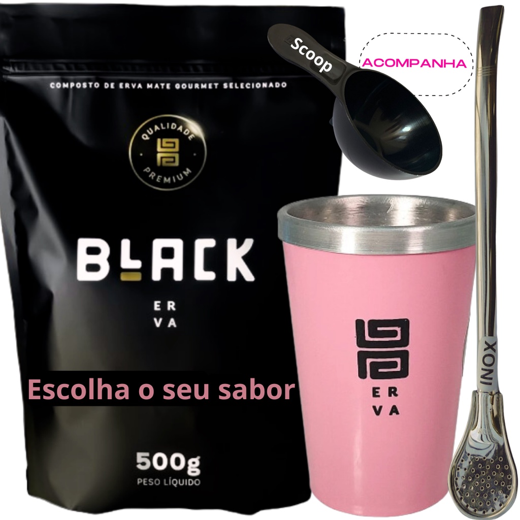 Kit Black Erva Mate Tereré 500g + Copo Alumínio Térmico ROSA Bomba Tradicional Inox Acompanha Scoop