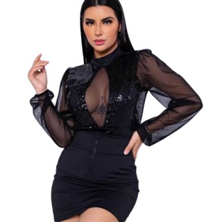 Body Feminino Paete Brilho Gola Alta Manga Tule Bufante Festa
