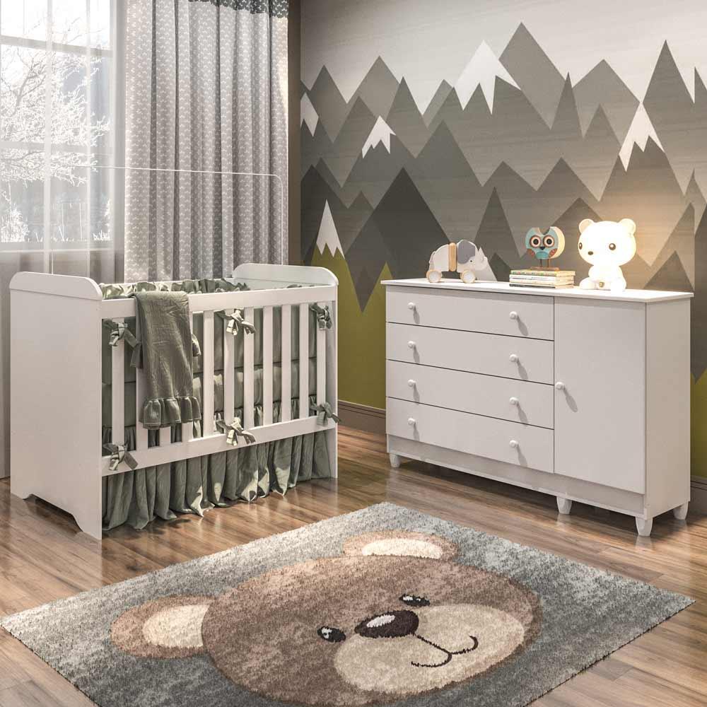 Quarto de Bebê Taís Berço 3 em 1 Gabrielle Cômoda Infantil 4 Gavetas com Porta Branco Carolina Baby - Mom & Baby