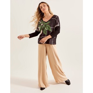 Blusa Zinzane Feminino 7/8 Estampada Flora - Preto