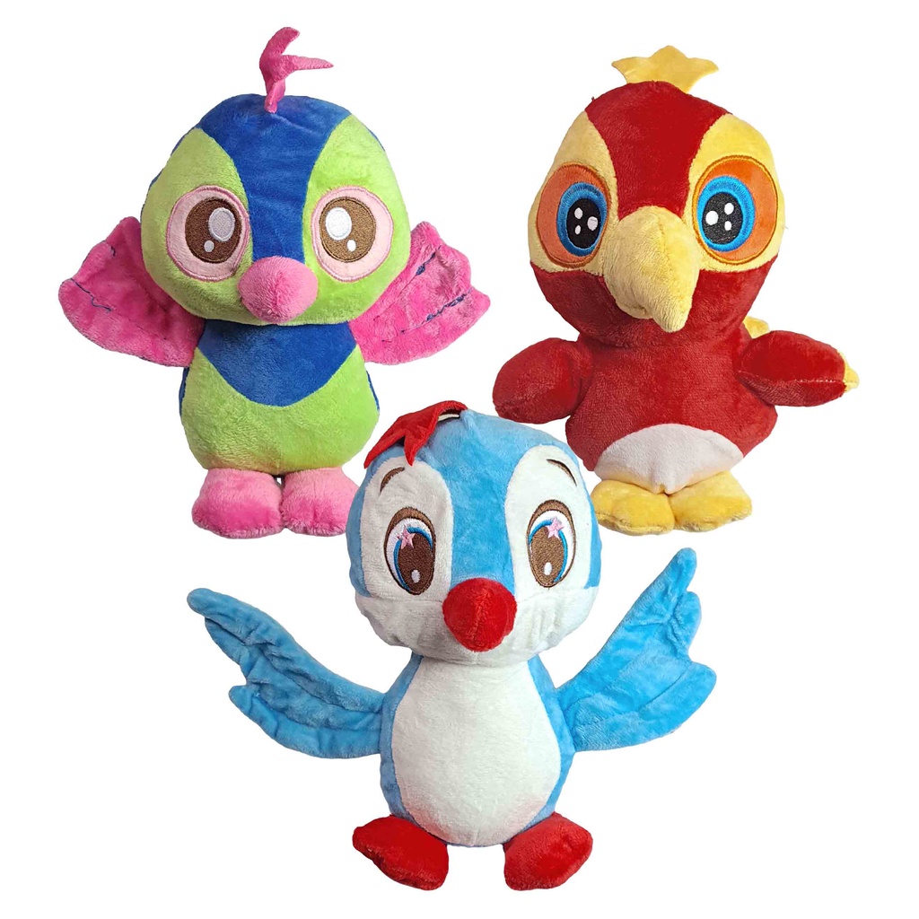 Passaro De Pelúcia Ave Olhos Bordados 20Cms - Passarinho Azul Vermelho