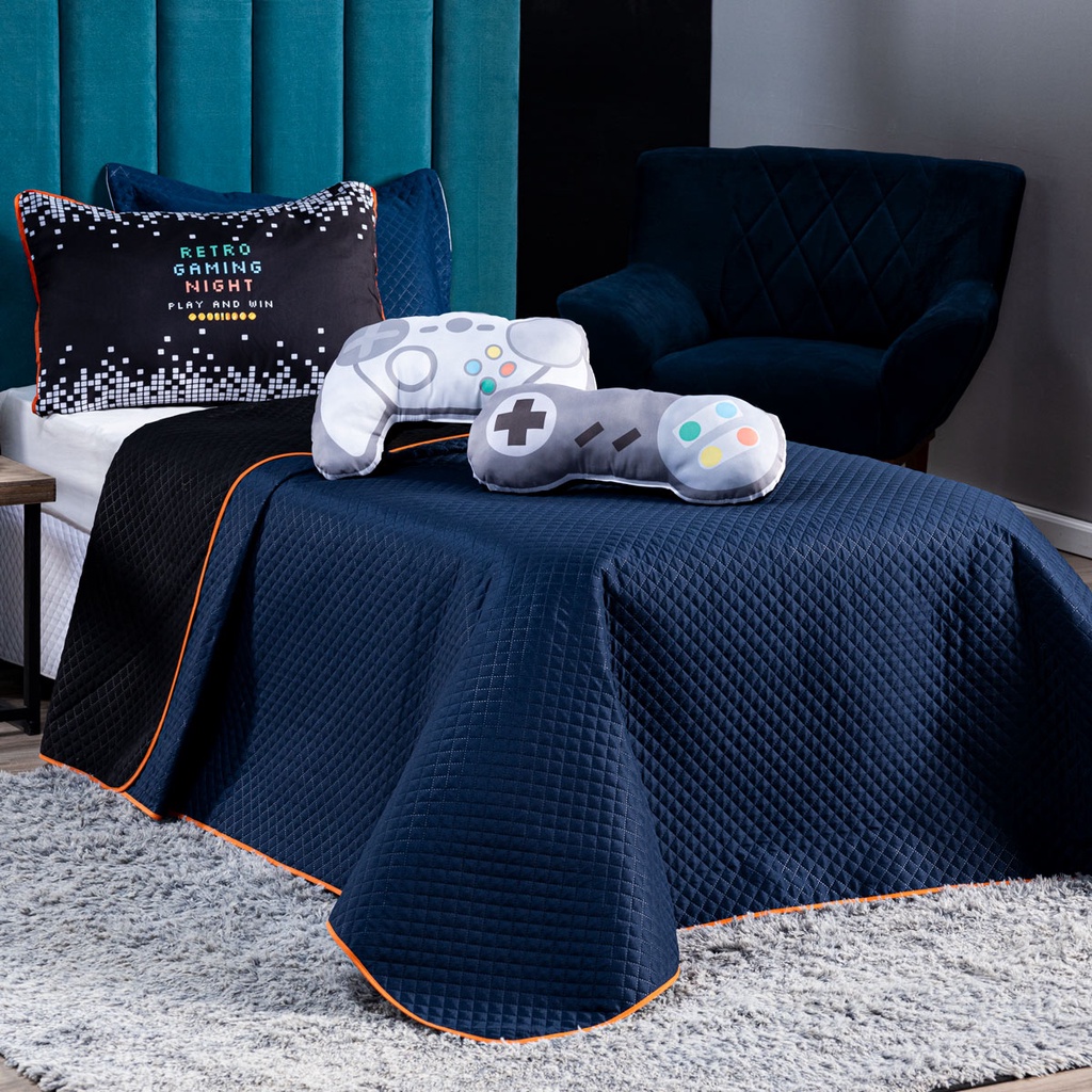 Kit Cobre Leito SOLTEIRO 05 Peças Colcha Infantil Retro Gamer Controle Dupla Face com Almofadas