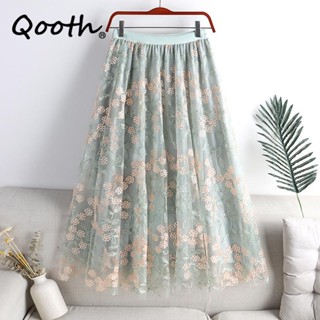 Qooth Women Elegant Bordado Elegante Saia Em Tule Flor Doce Elástico Cintura Midi Floral Malha Para Primavera Verão QT2166