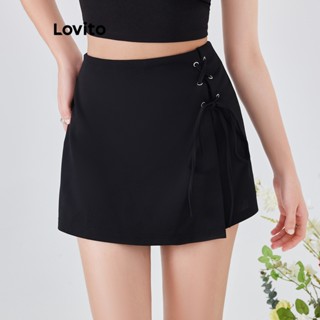 Lovito Shorts Casual Liso com Amarração na Cintura e Zíper Lateral para Mulheres L54ED075 (Preto