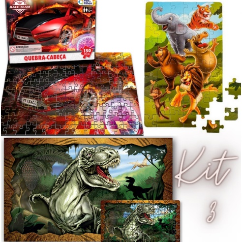 Kit Brinquedo 3 Quebra cabeça infantil Carros + Florestas + Dino