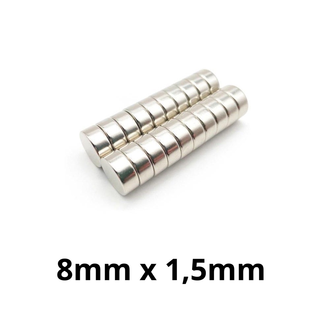Kit 20 Peças Imã Neodímio Potente Disco Magnético N35 8x1,5 mm Pastilha Redondo Pequeno Super Forte