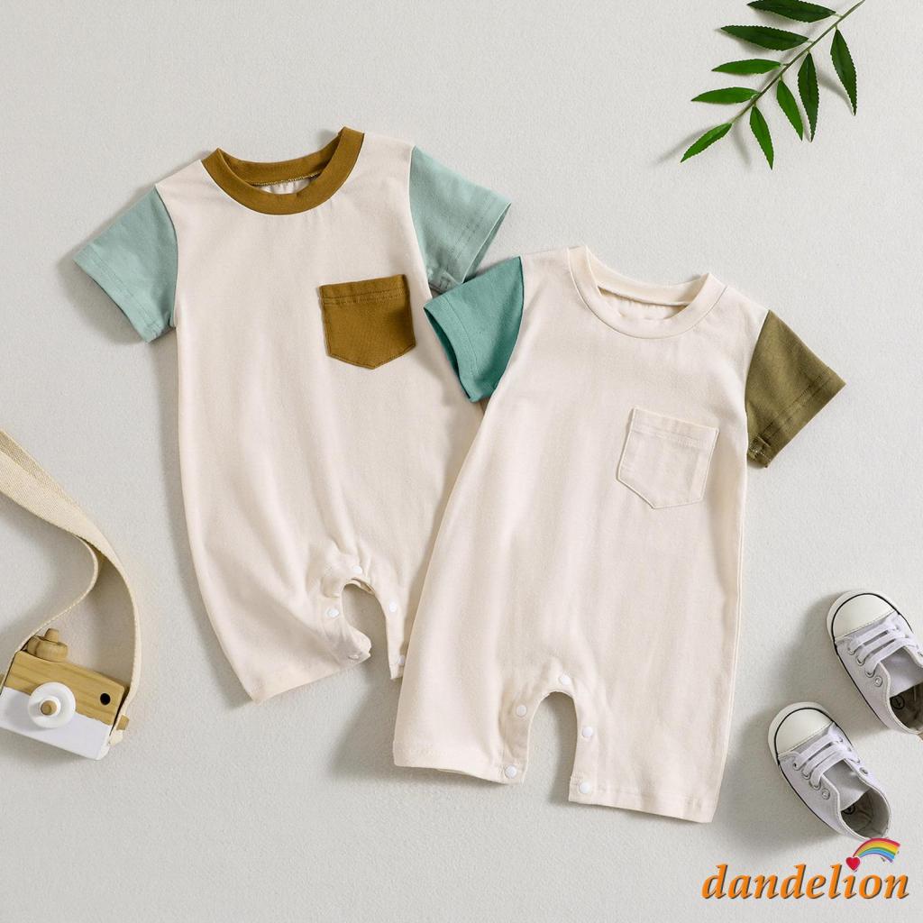 Macacão Casual de Verão para Bebês Meninos de 0 a 24 meses, Manga Curta, Gola O, Cores Contrastantes