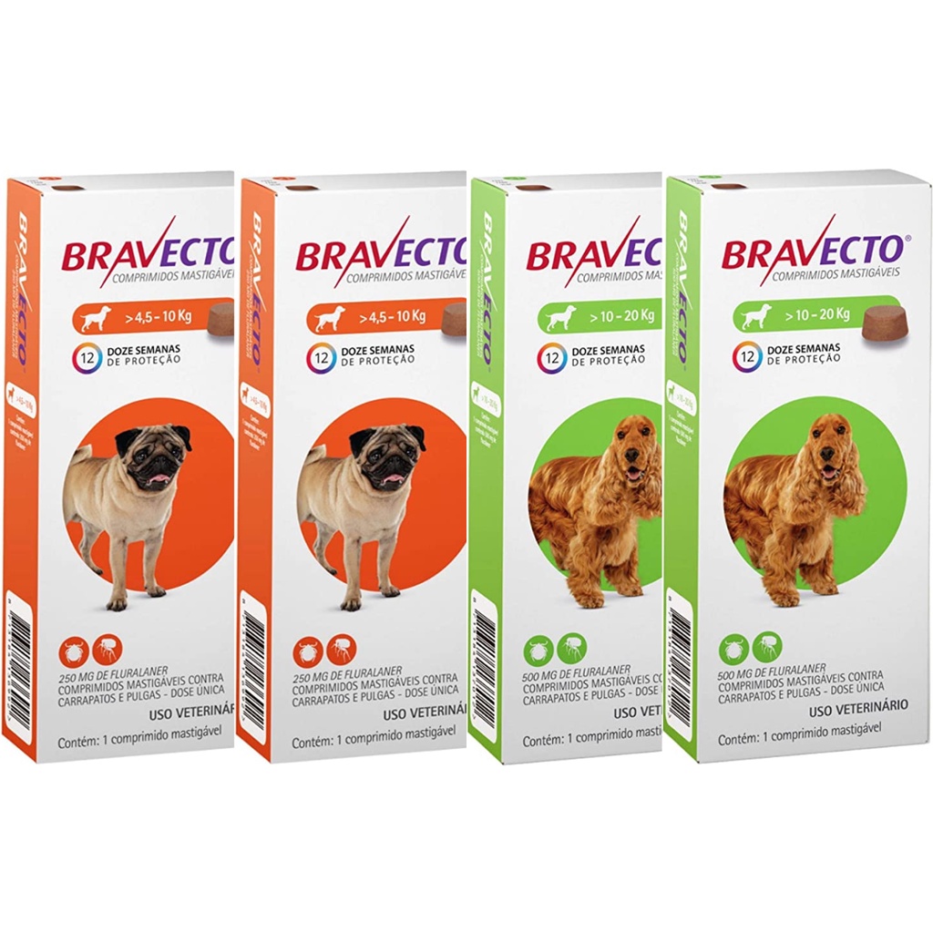 2 Bravecto 4,5 a 10kg + 2 Bravectos 10 a 20kg Antipulgas MSD