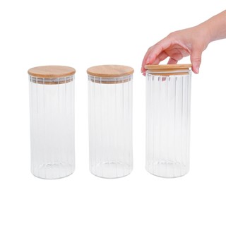 Kit 3 potes vidro canelado com tampa de bambu 1100ml - Oikos em Oferta na Shopee