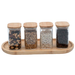 Kit 4 potes de vidro herméticos com tampa de bambu quadrados 250ml e bandeja de bambu 34cm - Oikos