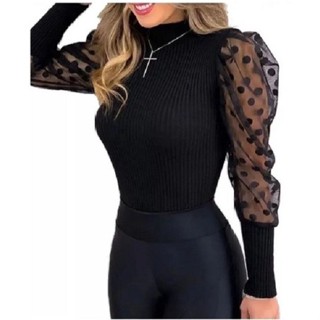 Blusa Blusinha Manga Comprida Canelada Poa Tule Bolinha Gola