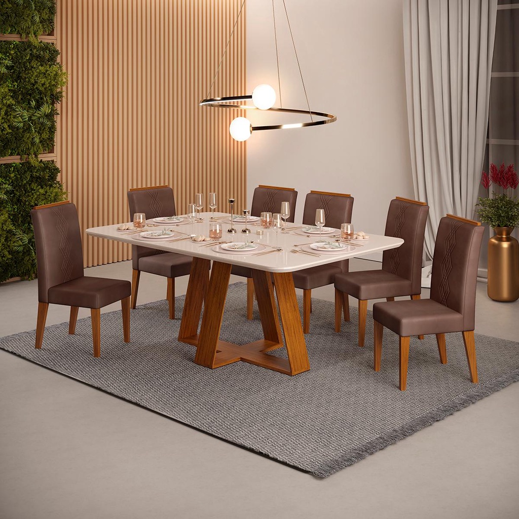 Conjunto de Sala de Jantar 6 Cadeiras Tampo Curvo Dj Moveis Kiara Freijó Yasmin Moca em Oferta na Shopee