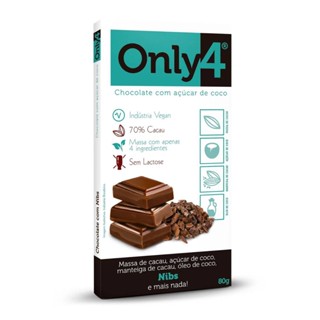 Only4 Nibs Chocolate Vegano com 70% cacau Sem Lactose 80g Display com 6 Unidades
