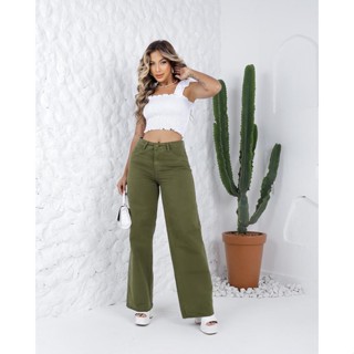 Calça jeans feminina Wide leg pantalona verde militar colors cores colorida cintura alta larguinha blogueiras tendencia 2023